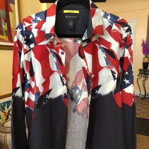 Abstract Colorful Casual Summer Shirt. Lightweight Cotton Slim Fit (M)